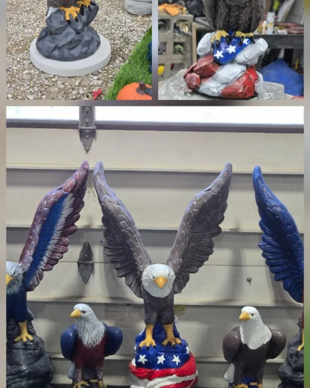 Oswego is gearing up to celebrate our country's 250th birthday! The Chamber of Commerce is kindly displaying one of our Eagles, which is available for purchase. Come to the business expo today at Oswego High School from 10:00 a.m. to 2:00 p.m. to see all of Oswego's local businesses. We also have a display of Eagles in front of our business that are available, or you can come in and order yours today! 🦅🇺🇸 #Oswego #Celebration #Eagles #Expo #localbusinesses