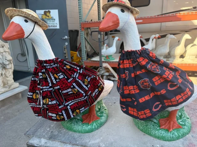 The geese were telling us to take a couple pictures of them in their new fall and sports attire! This is just a few of the many outfits they can pull off 😎. Come on by and check out our updated selection of geese clothing and other new statues!